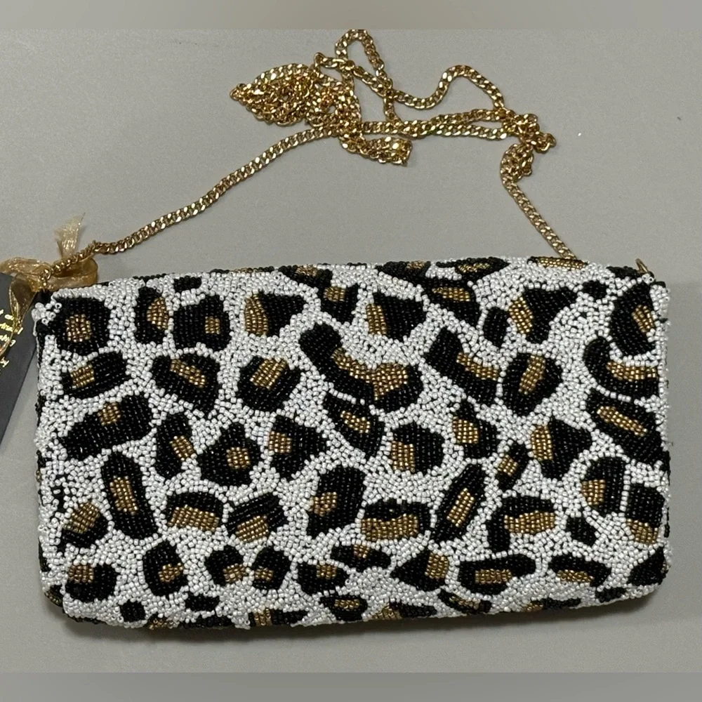 From India To You Beaded Leopard Print With Bees Crossbody/Clutch Bag - NWT